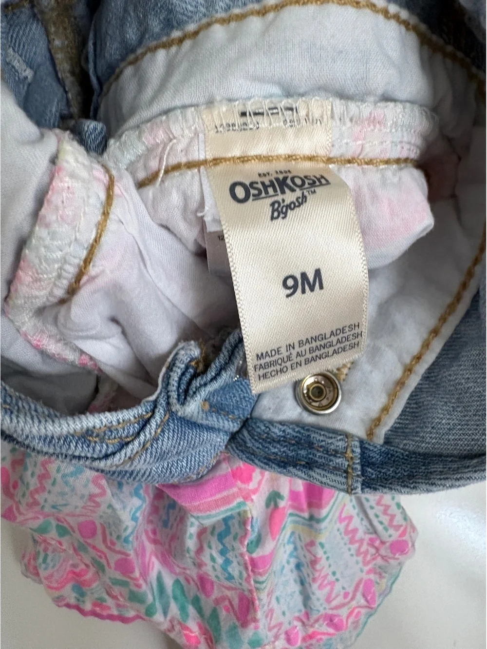Oshkosh | Baby Girls Denim Overall Dress Romper Pink Turquoise Size 9 Mo